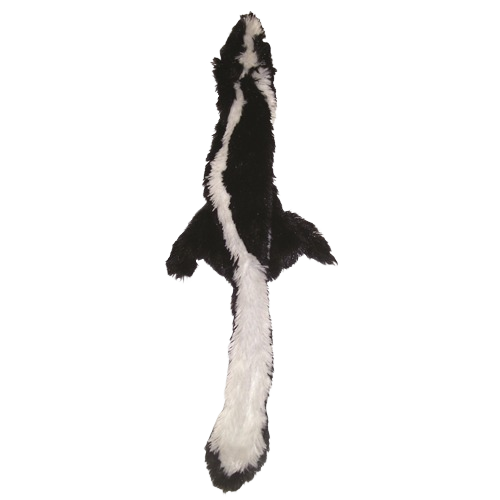 Black and white plush dog toy shaped like a skunk with durable no-stuffing design from pet toys collection