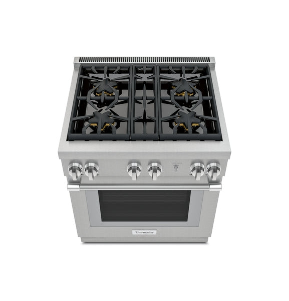 Stainless steel professional gas range with four Star® burners and stainless control knobs, part of kitchen appliances collections