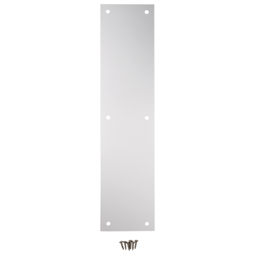 Rectangular satin aluminum push plate with pre-drilled holes and mounting screws for door and gate hardware installation
