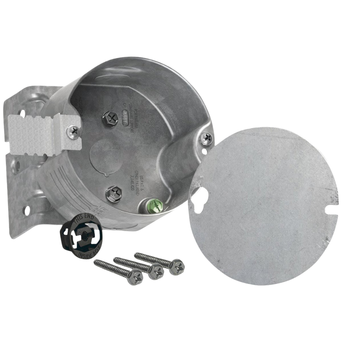 Metal octagon ceiling fan electrical box with cover and mounting screws for home improvement installations