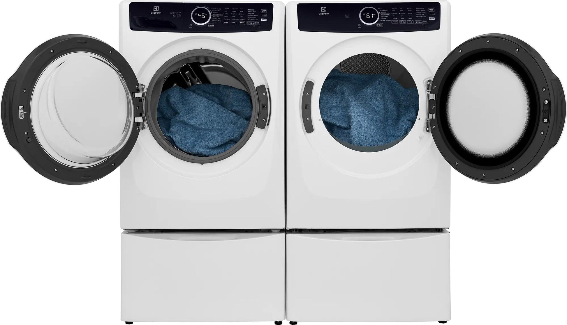 Pair of white front load electric washer and dryer with open doors and blue towels inside in appliances collection