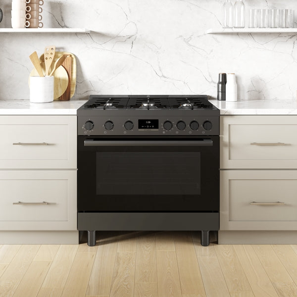 36-inch black stainless steel gas freestanding range with heavy-duty knobs in modern kitchen setting from Appliances collection