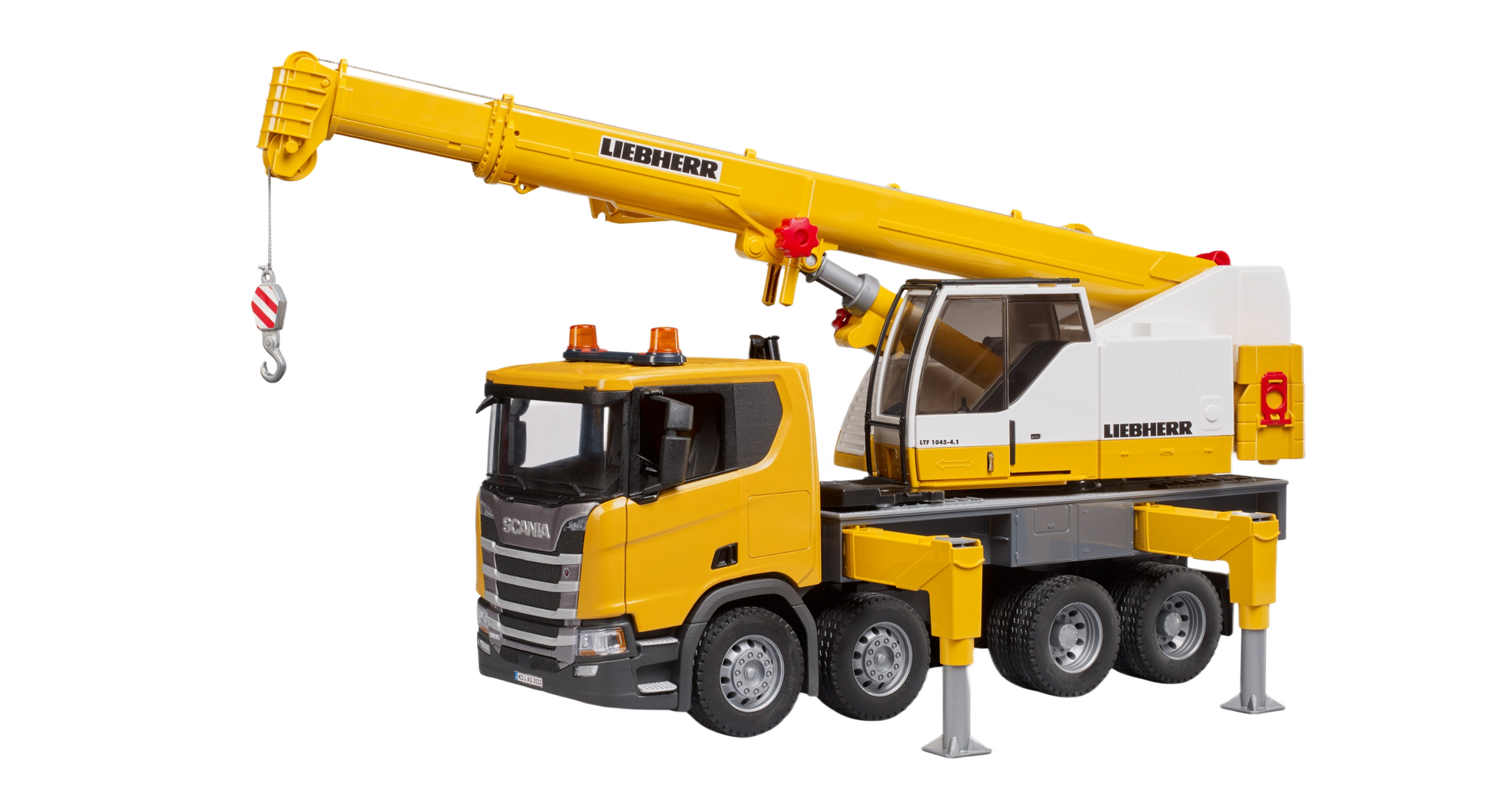 Yellow and white Bruder Scania Liebherr crane truck model with fold-out boom in Vehicles & Remote Controlled Toys collection