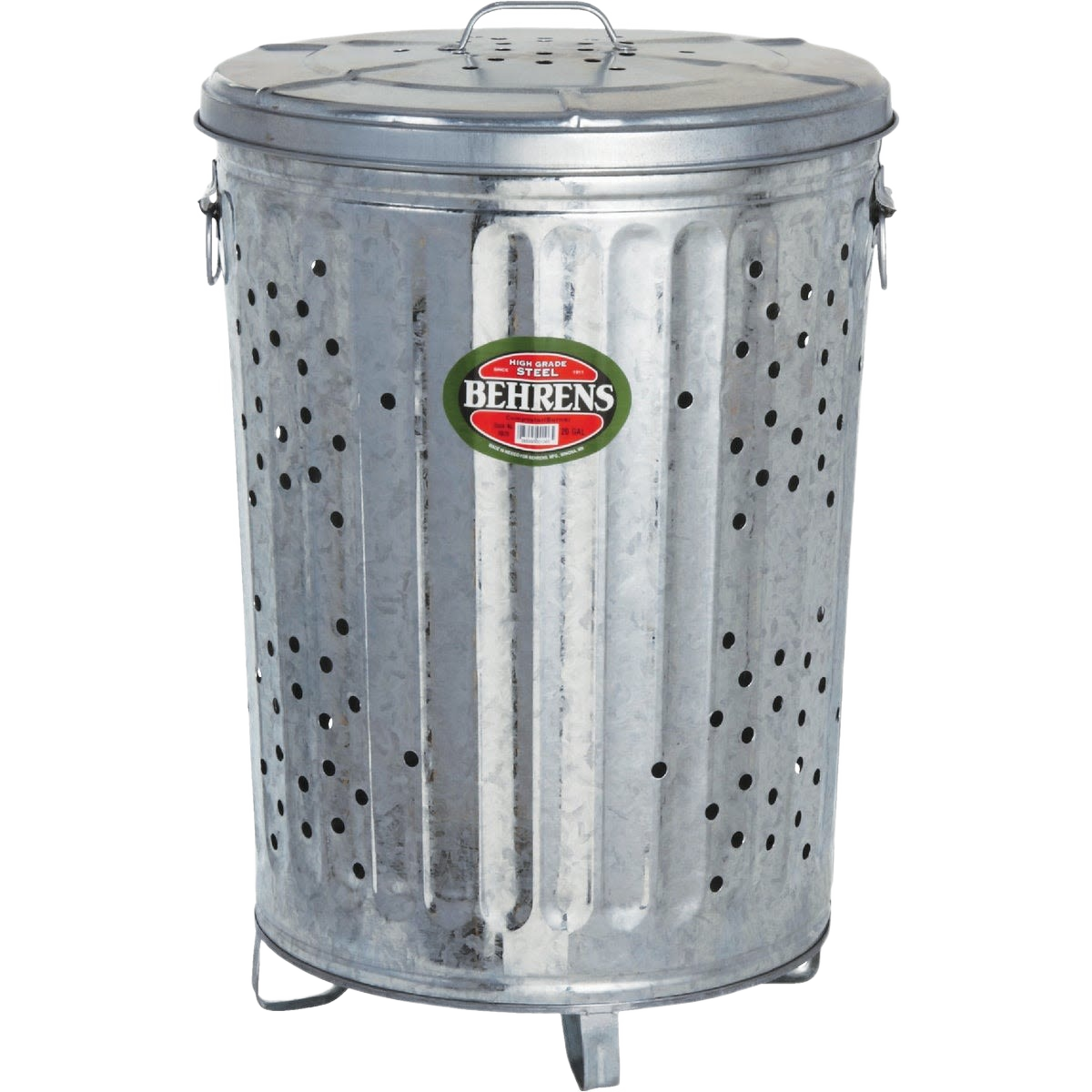 Galvanized steel trash burner with ventilated holes and lid for efficient waste burning and composting in cleaning collections