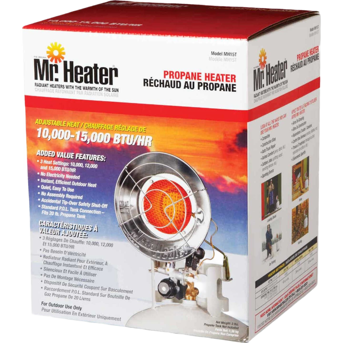 Compact radiant propane heater with adjustable heat settings from 10,000 to 15,000 BTU for outdoor use under $100