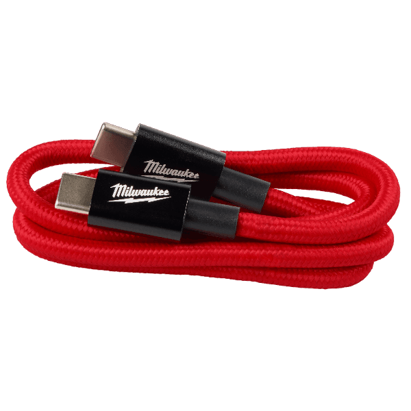 Red braided USB-C charging cable with black Milwaukee-branded connectors for tool accessories and portable power collections
