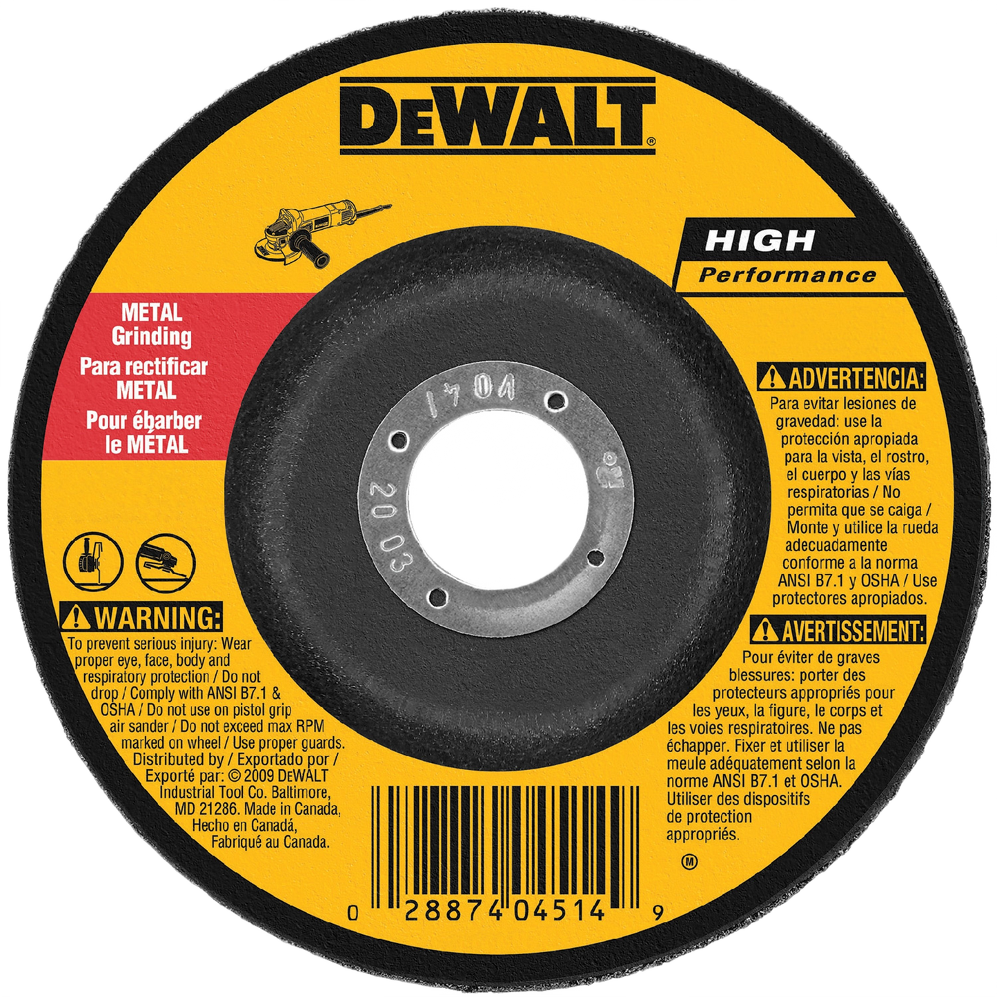 Yellow and black metal grinding wheel with safety warnings and barcode for home improvement tools and equipment.