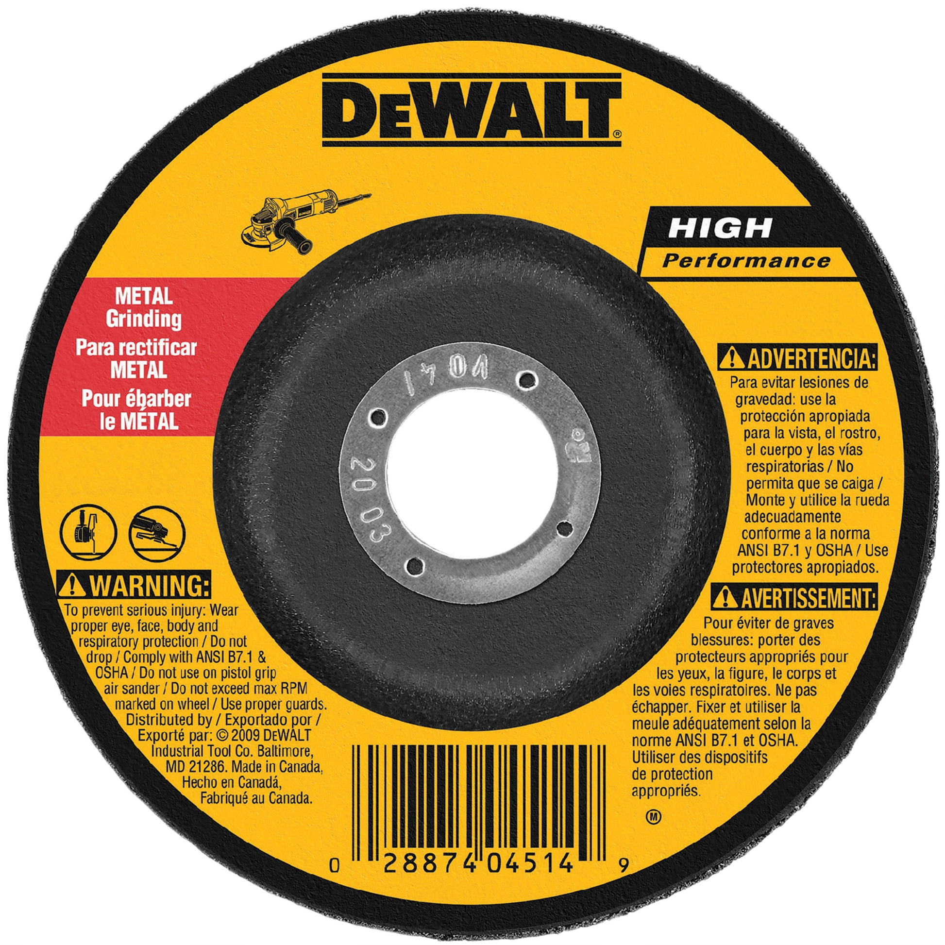 Yellow and black metal grinding wheel with safety warnings and barcode for home improvement tools and equipment.