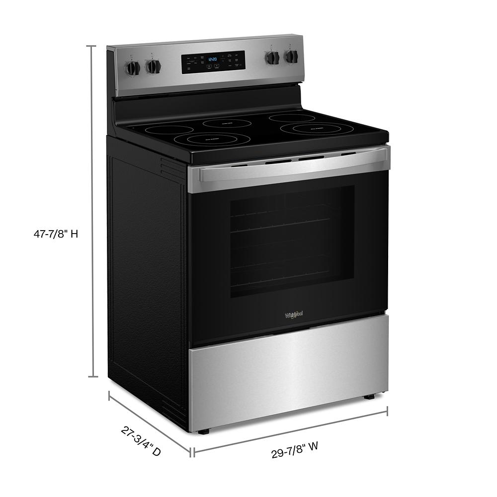 Stainless steel electric range with smooth cooktop, control knobs, and digital display in a kitchen appliance setting