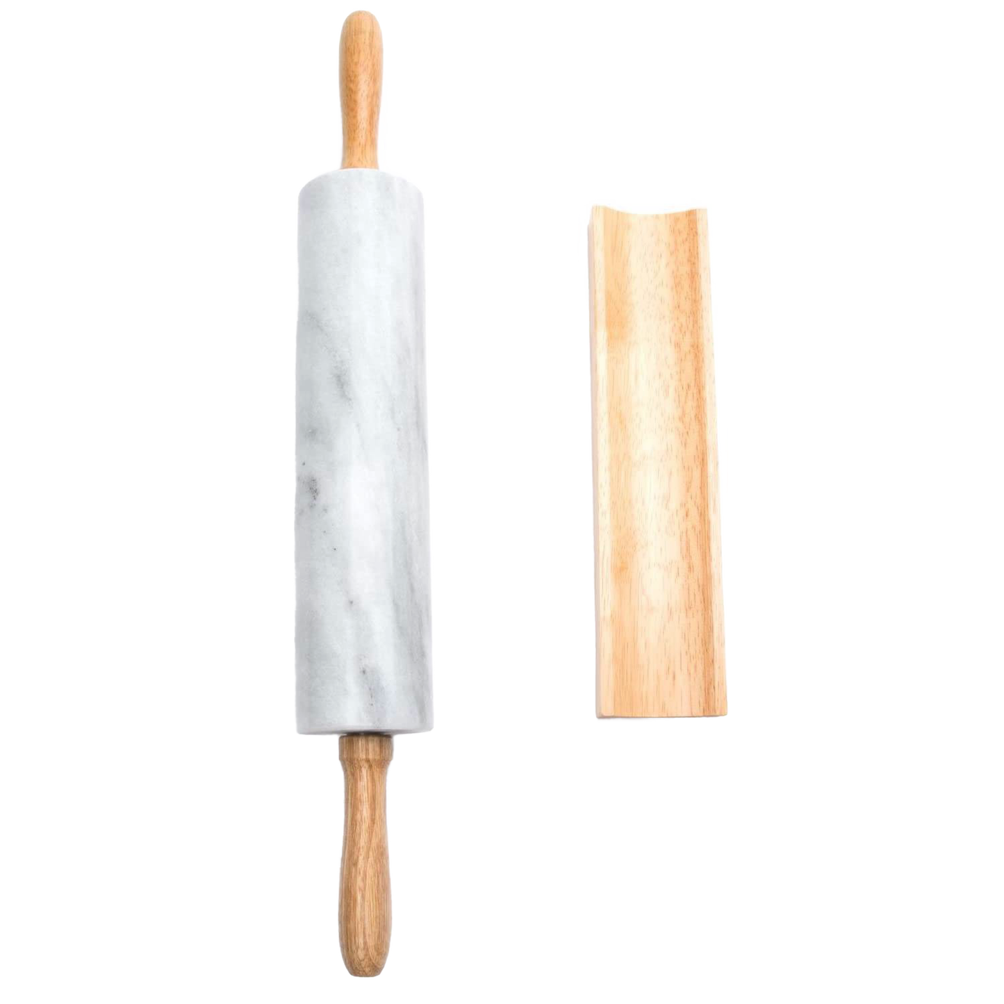 Marble rolling pin with wooden handles alongside a wooden stand for easy storage, part of kitchenware bakeware collection under $50