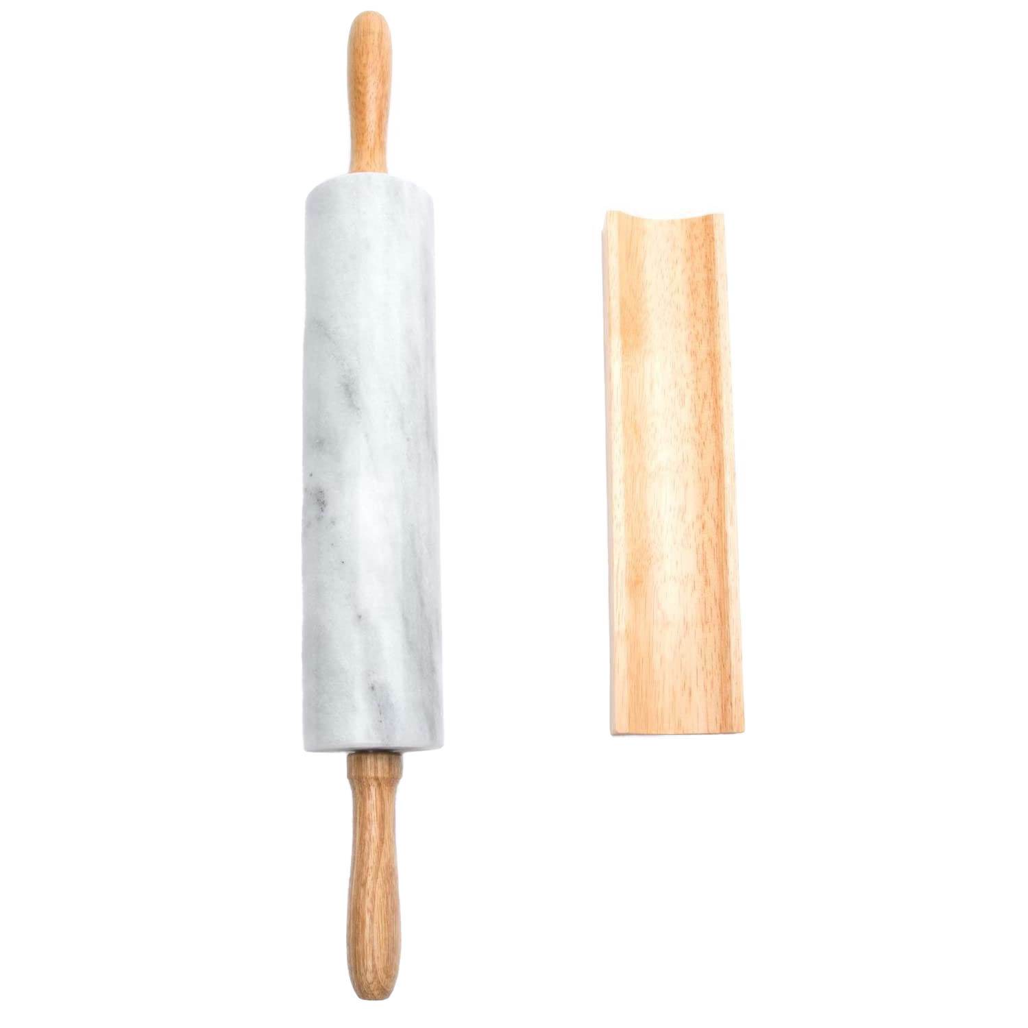 Marble rolling pin with wooden handles alongside a wooden stand for easy storage, part of kitchenware bakeware collection under $50