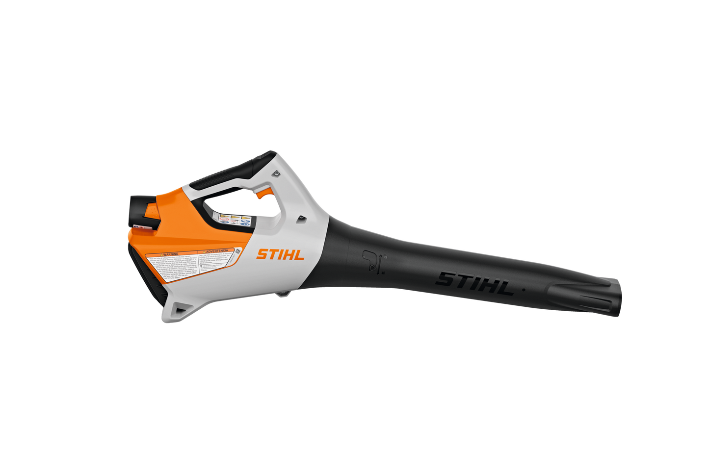 Orange and white STIHL cordless blower with black nozzle for outdoor tools and home improvement tasks