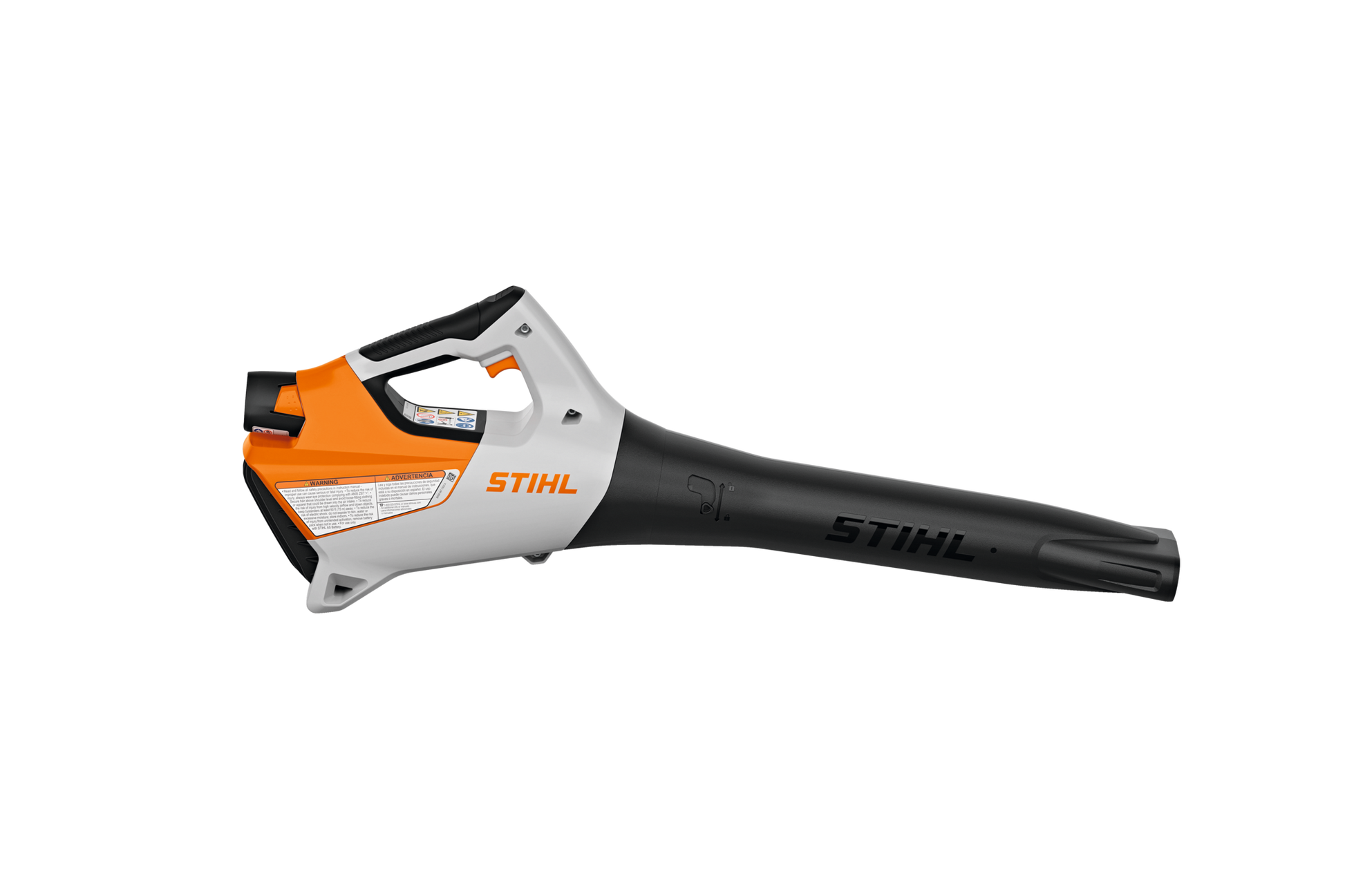 Orange and white STIHL cordless blower with black nozzle for outdoor tools and home improvement tasks