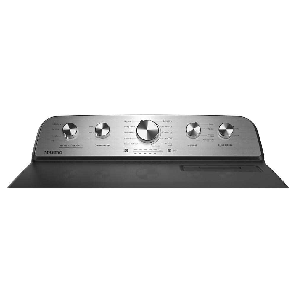 Brushed stainless steel gas dryer control panel with five dials and LED indicator in appliances and gas dryers collection