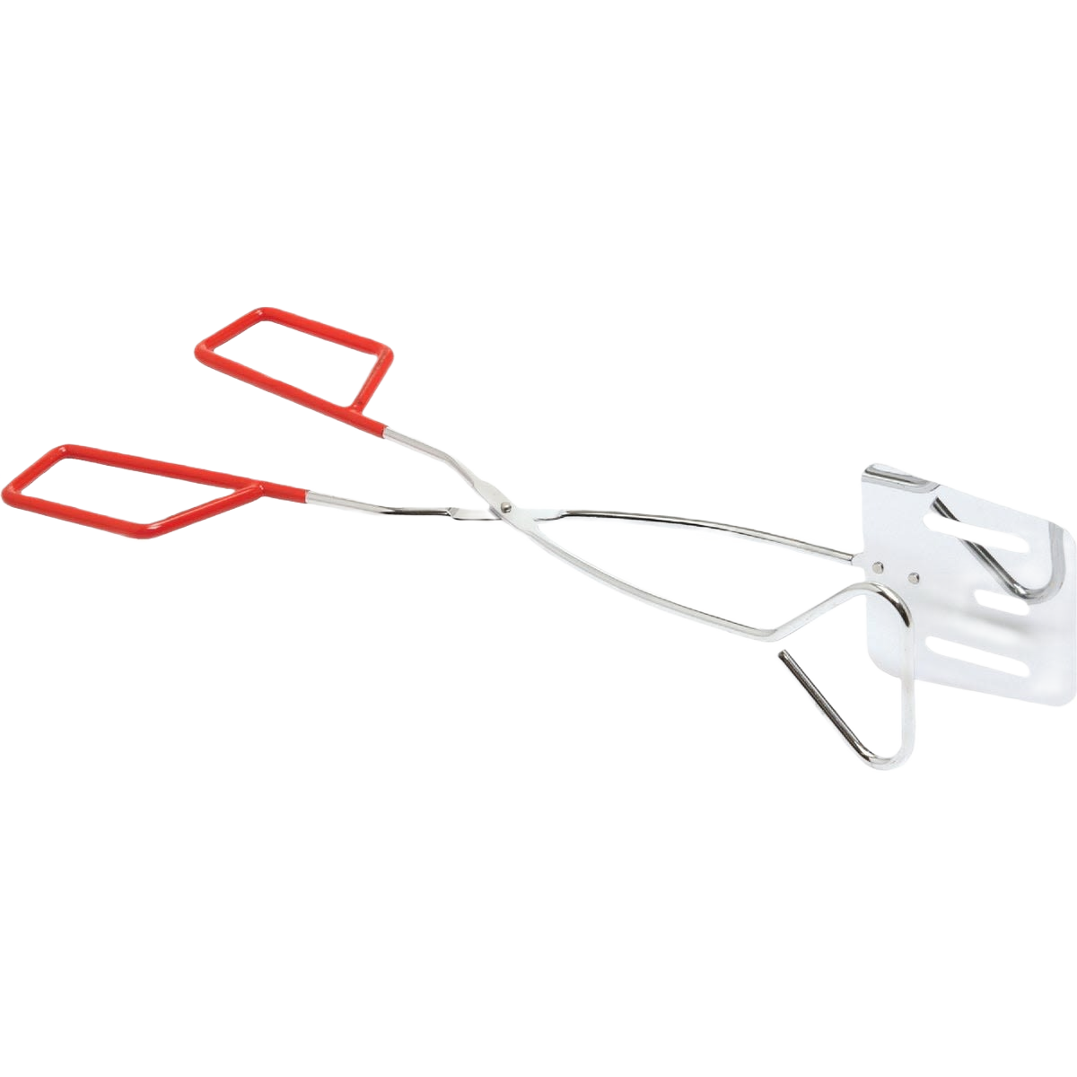 Chrome spatula and fork barbecue tongs with red handles for outdoor grilling and lawn and garden tools collection
