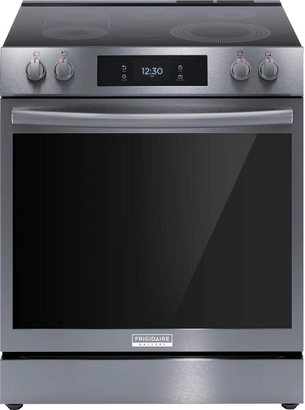 Front control stainless steel electric range with smooth top and digital clock in kitchen appliances collection