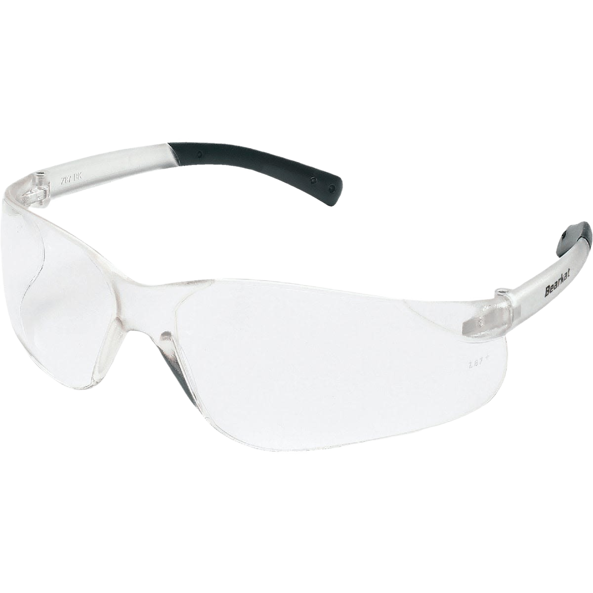 Clear lens safety glasses with black temples and wraparound design for eye protection in safety, hardware, and home improvement tasks.