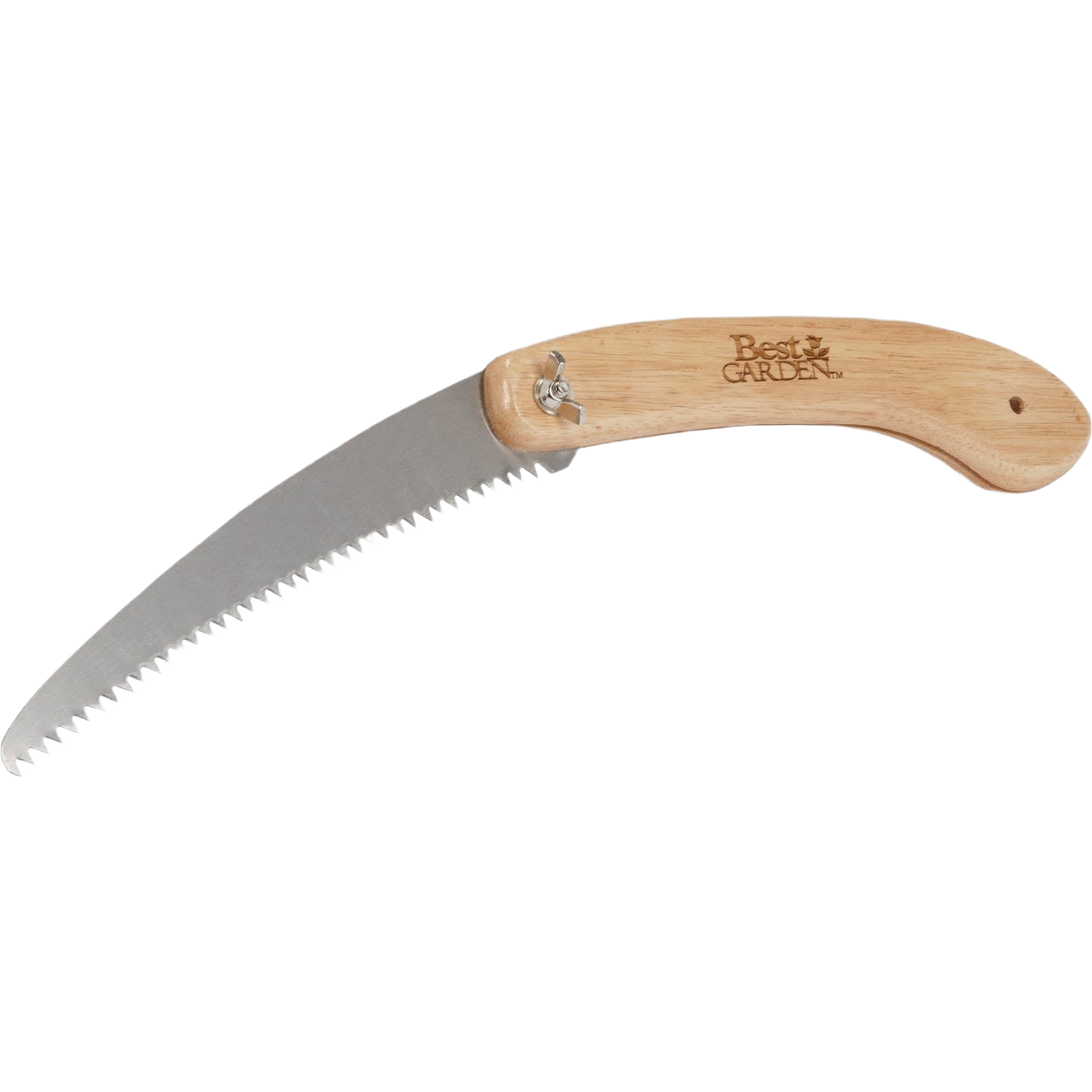 Curved pruning saw with heat-tempered steel blade and wooden handle in Garden Tools and Outdoor Hand Tools collections