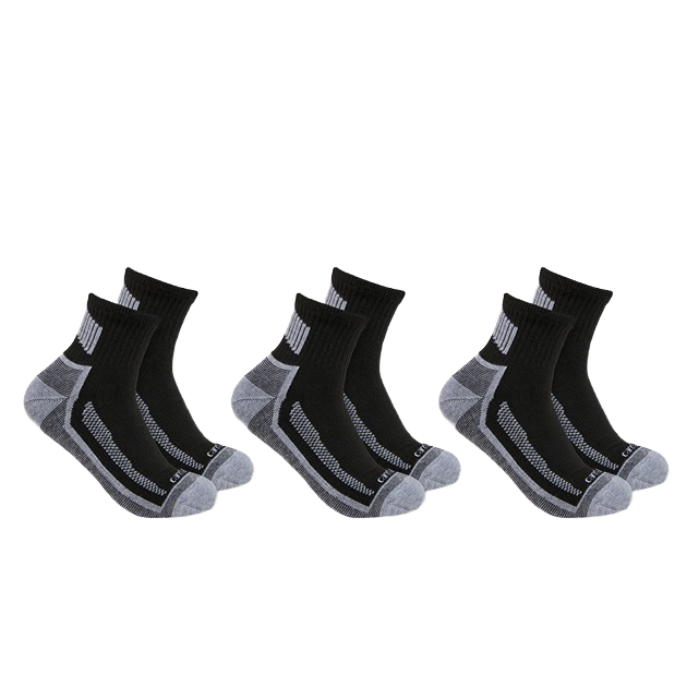 Three pairs of black and gray midweight quarter socks with cushioned soles from men’s clothing and accessories collections