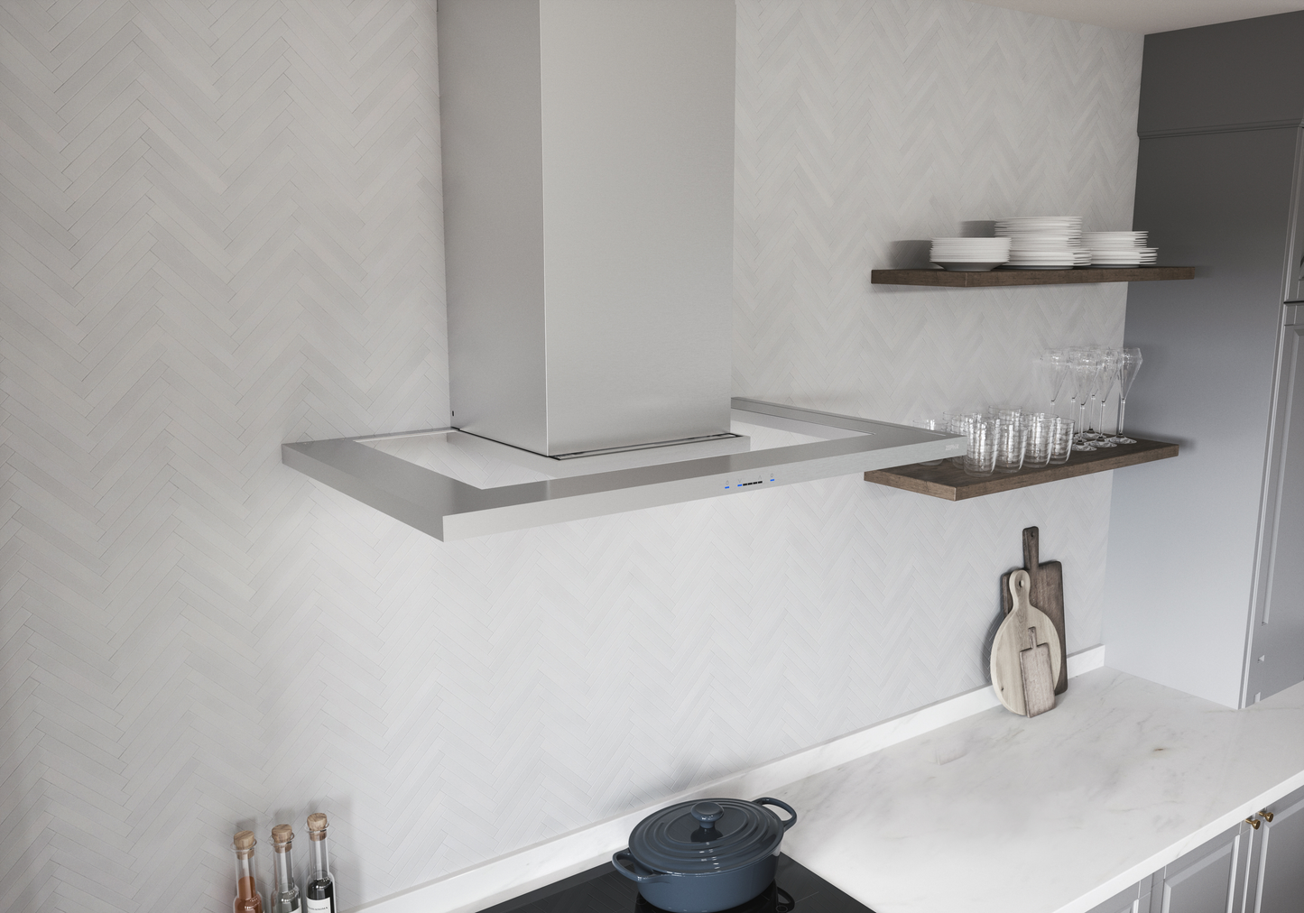 Stainless steel chimney hood with LED lighting and sleek canopy above stovetop in modern kitchen and home improvement setting