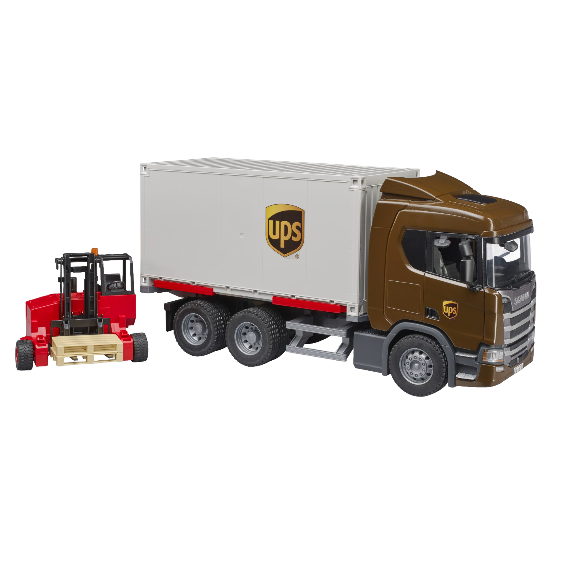 Detailed UPS-branded logistics truck toy with detachable red forklift for imaginative play in Bruder Toys and Vehicles collection