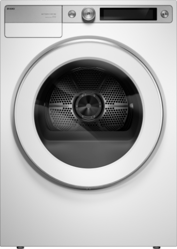 Front view of a white 24-inch tumble dryer featuring a circular door and digital control panel, shown in Dryers and Electric Dryers collections at Hartville Hardware.