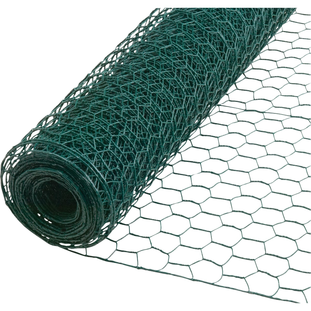 Roll of green vinyl coated poultry netting with hexagonal mesh pattern for home improvement use