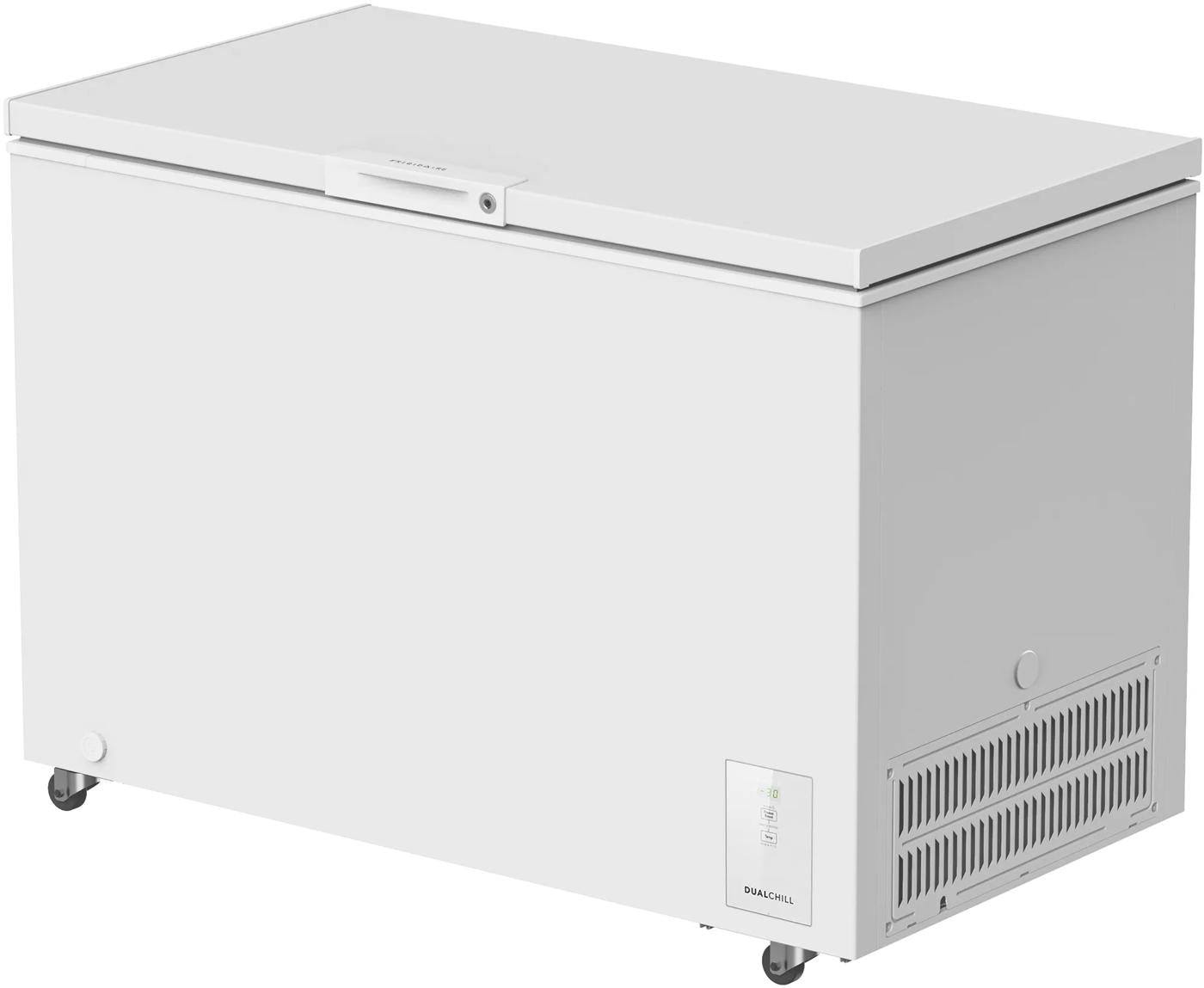 White garage-ready chest freezer with smooth finish, lock on top lid, vented side panel, and caster wheels, for Freezers & Ice Makers and Kitchen & Kitchenware collections.