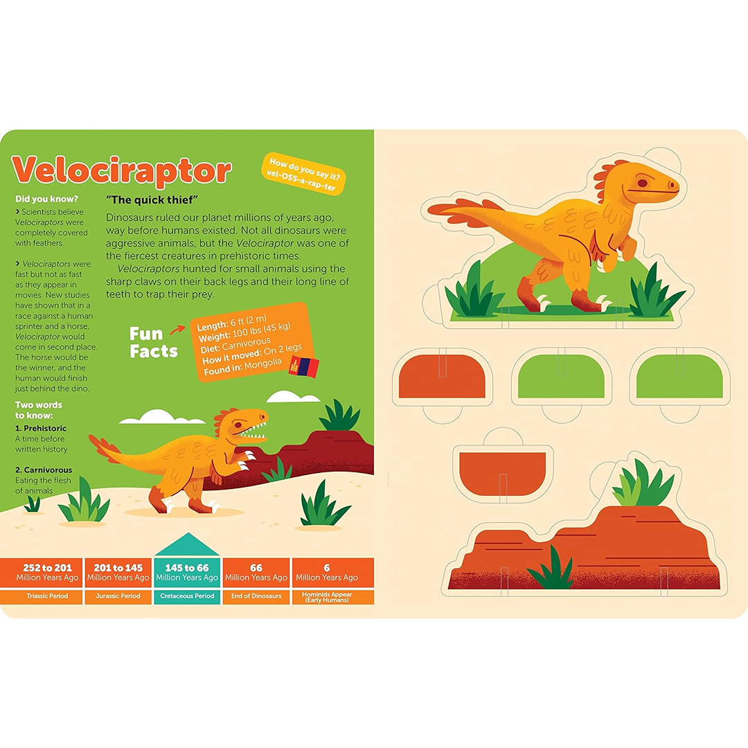 Colorful educational Velociraptor dinosaur pop-out page with fun facts and interactive build-up feature