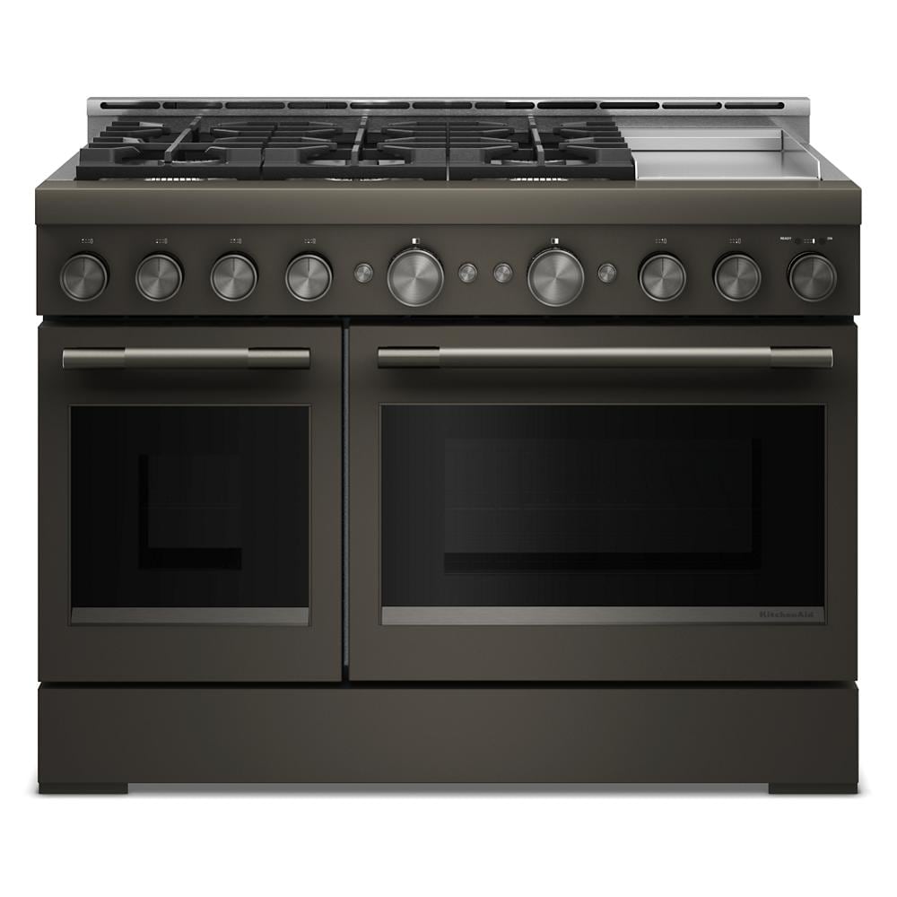 Commercial-style 48-inch gas range with six burners, griddle, large ovens, and stainless steel finish from KitchenAid Appliances collection