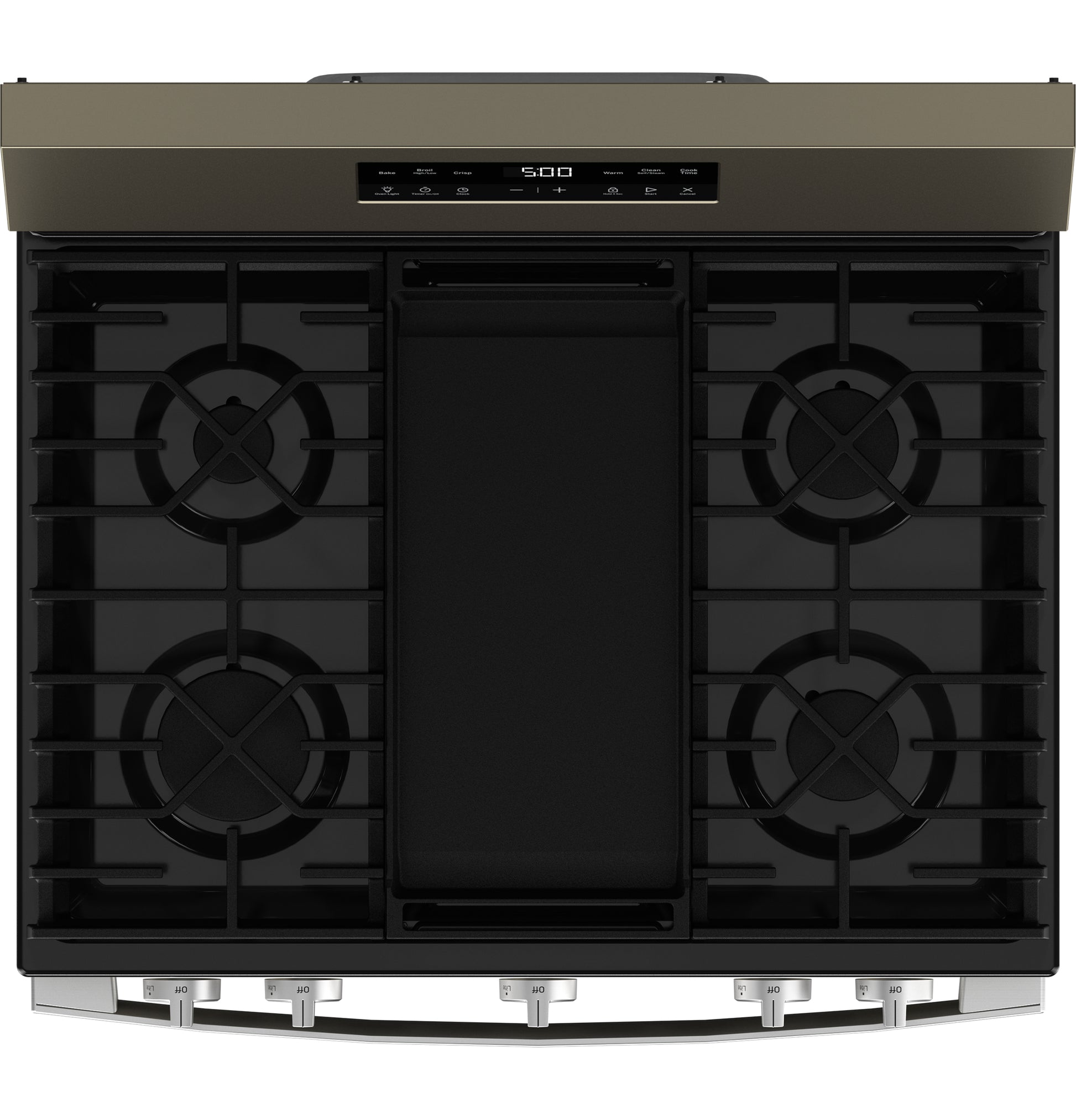 Top view of free-standing gas range with four burners, central griddle, and digital control panel for kitchen and appliance collections