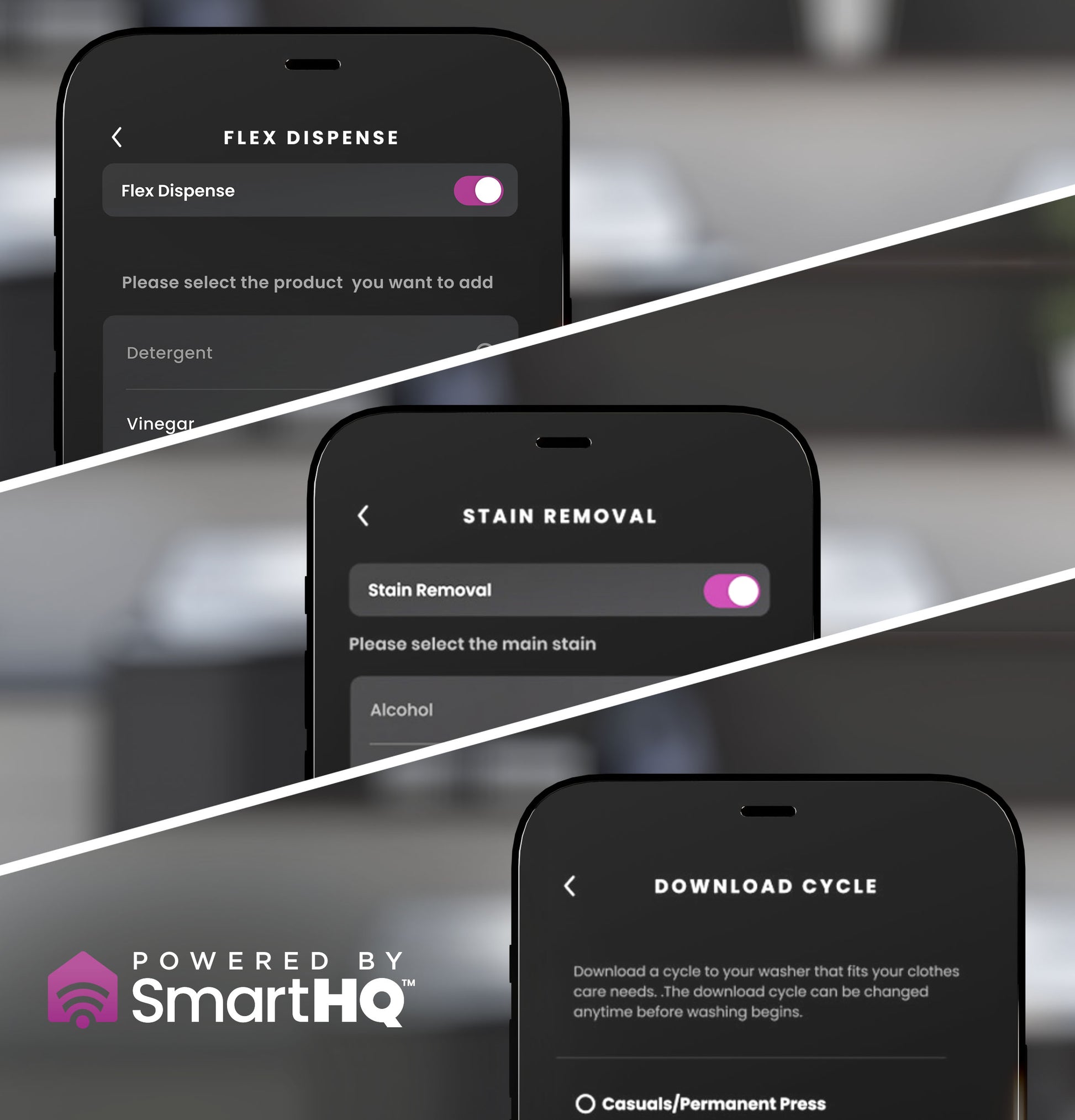 SmartHQ app screens showing FlexDispense, stain removal options, and cycle download features for top load washers