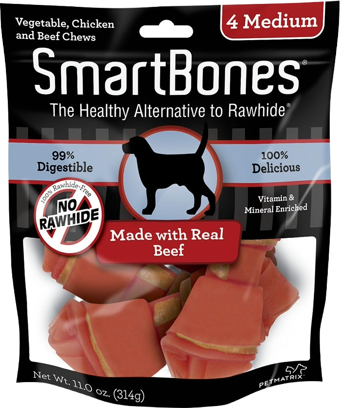 Package of medium-sized chew treats for dogs made with real beef, chicken, and vegetables in pet supplies collection