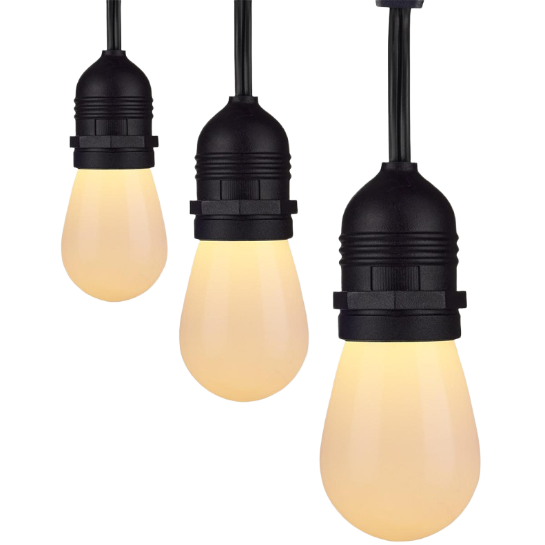 Three frosted LED bulbs with black sockets glowing warmly for indoor and outdoor lighting use