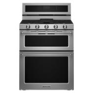 Stainless steel gas range with five burners, double oven, and convection for kitchenware and home improvement appliances