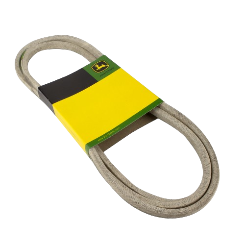Replacement V-belt wrapped in yellow and black John Deere branded packaging for equipment maintenance tasks