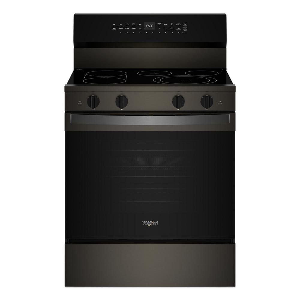 Front view of 30-inch black electric smart range with smooth cooktop and digital control panel from Ranges collection