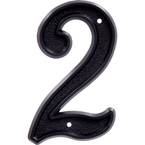 Matte black plastic house number 2 with curved design and pre-drilled holes for easy home improvement installation