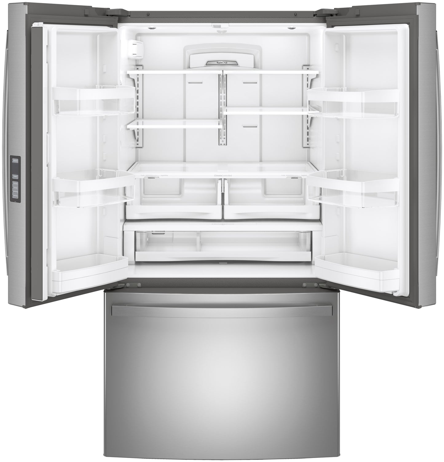 Open fingerprint resistant stainless steel French-door refrigerator with adjustable shelves and bottom freezer in kitchen appliances collection