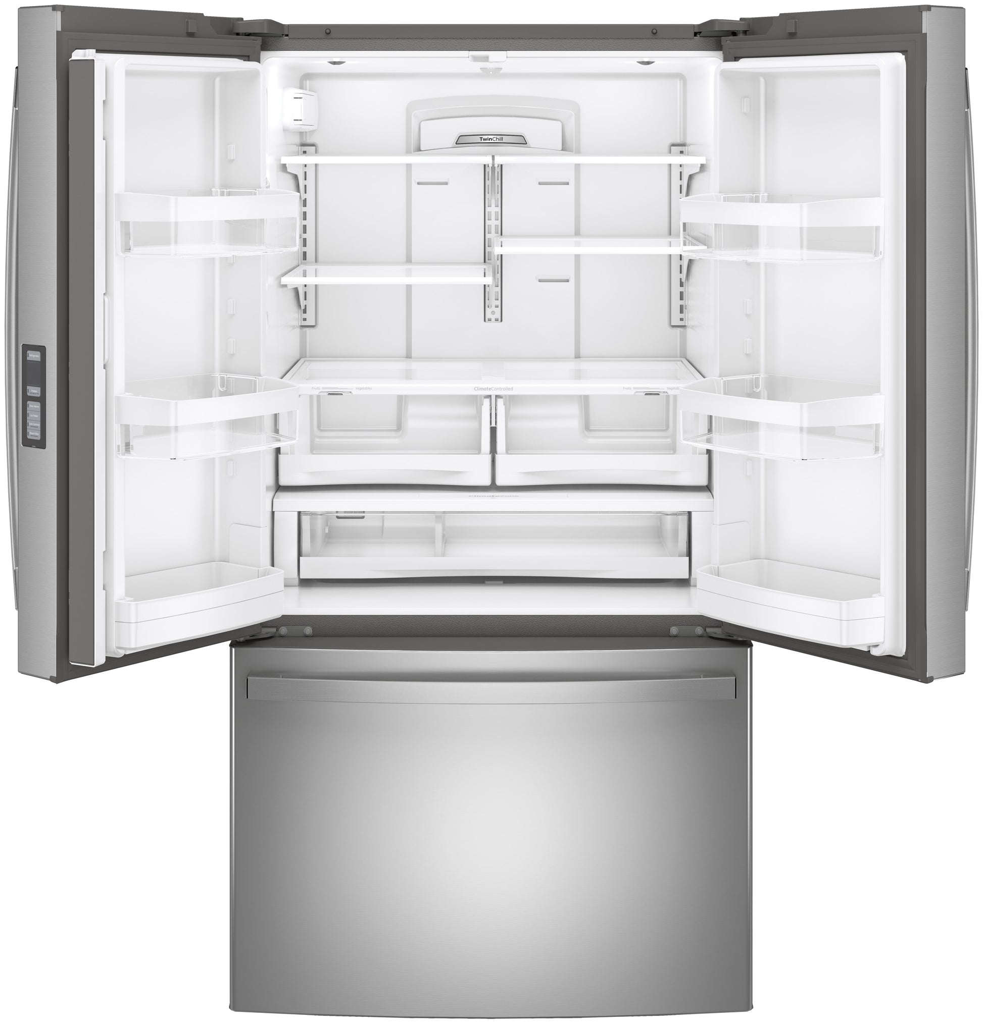 Open fingerprint resistant stainless steel French-door refrigerator with adjustable shelves and bottom freezer in kitchen appliances collection