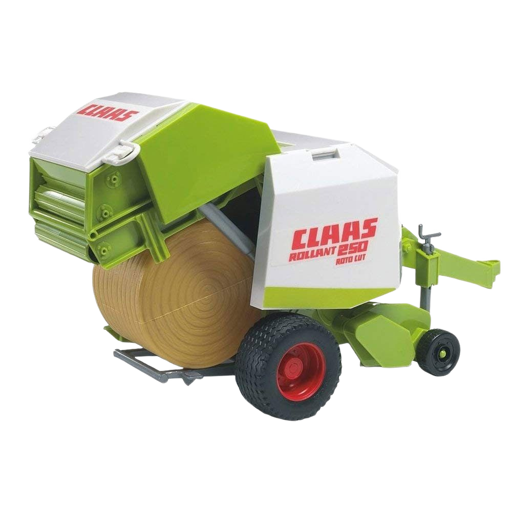 Green and white Bruder Claas Rollant 250 round baler toy model with detailed wheels for home and garden play