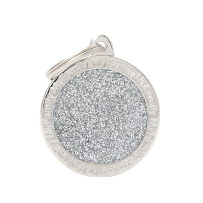 Round gray glitter ID tag with metal edge and keyring attachment for personal identification uses