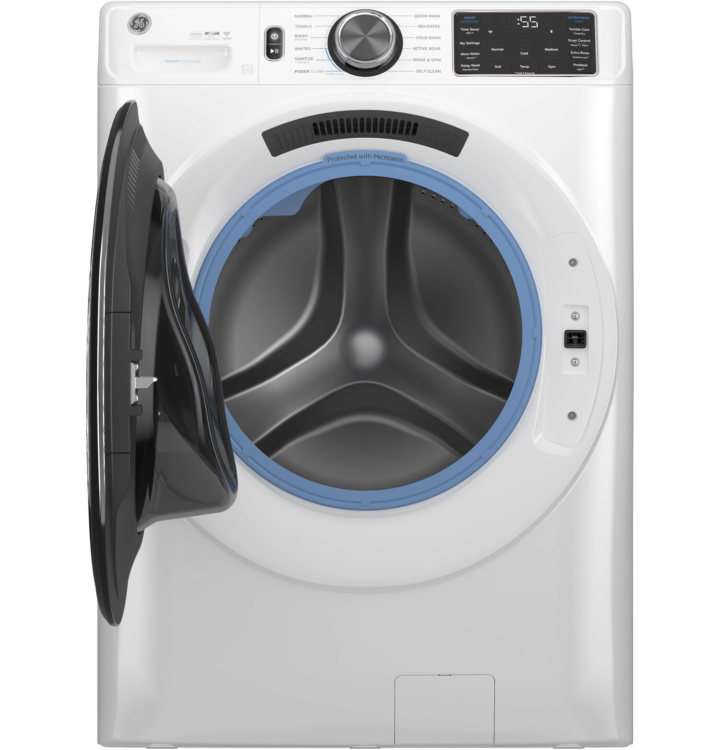 White front load steam washer with open door, digital controls, and UltraFresh Vent System in Washers & Dryers collection