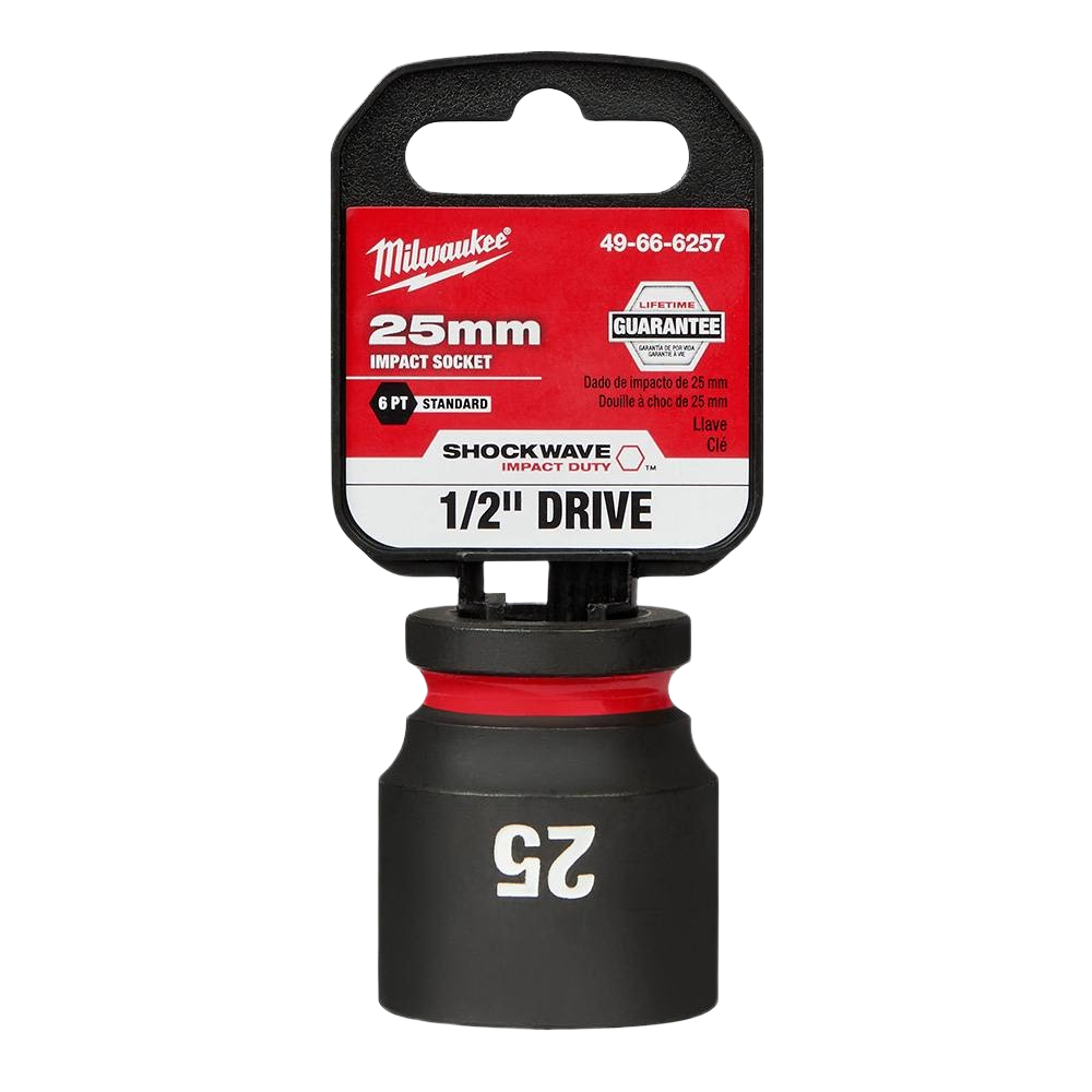 25mm 1/2 inch drive six-point impact socket with red ring, designed for tools and home improvement use