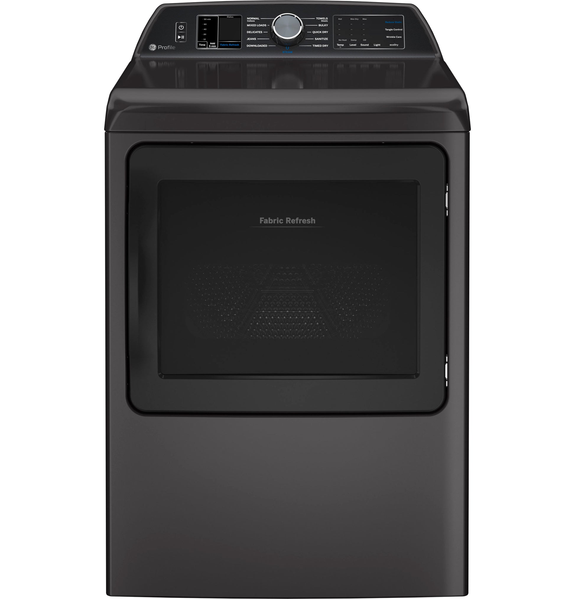Black smart gas dryer with fabric refresh feature in Dryers and Washers & Dryers appliance collections