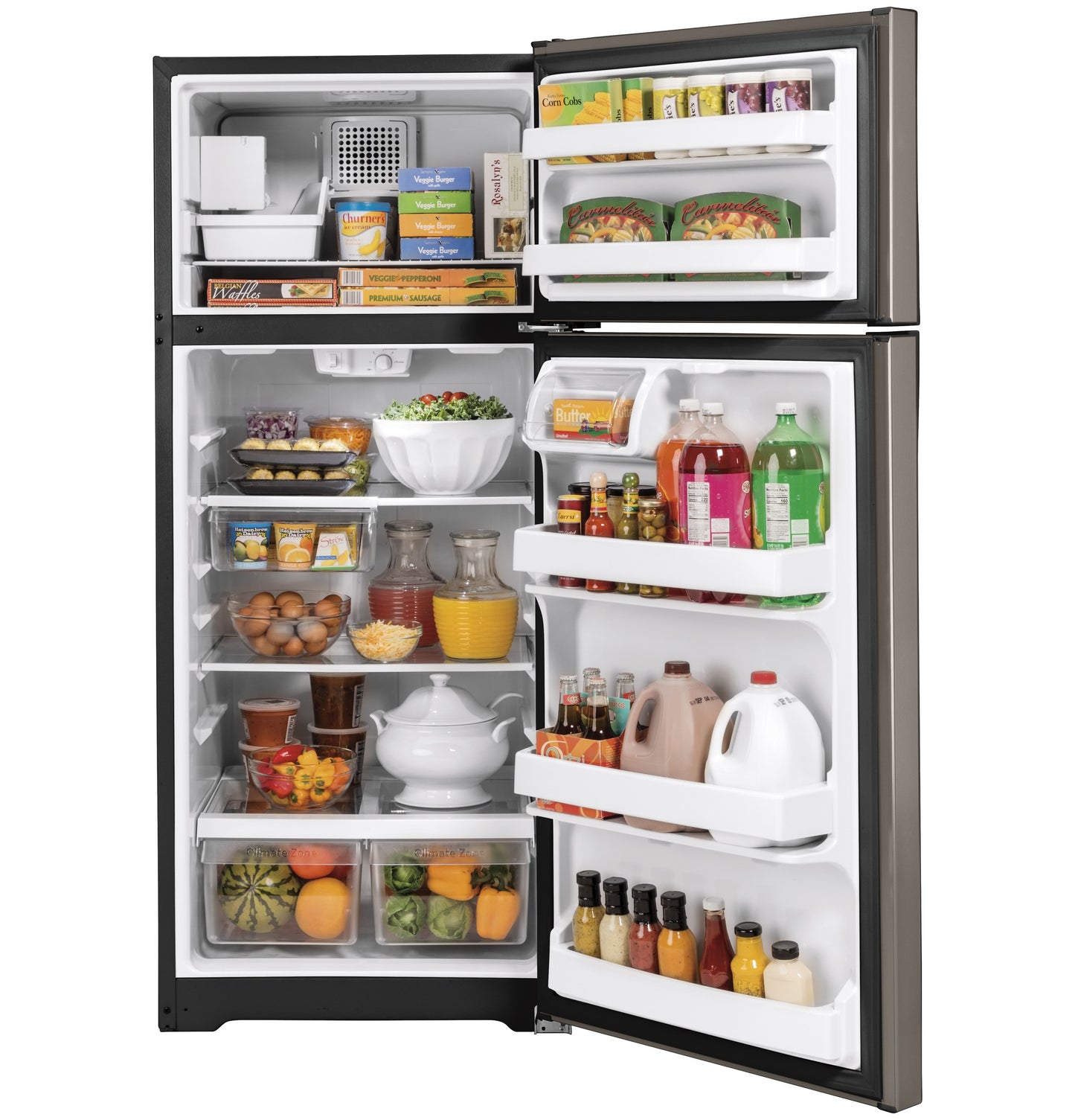 Open top-freezer refrigerator with organized food items and clear storage compartments in kitchen and appliance collections