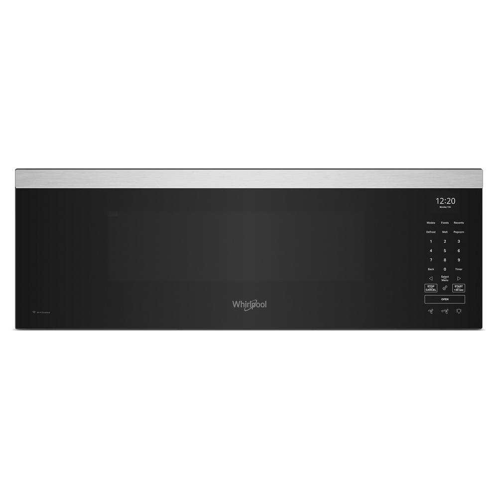 Black low profile smart microwave with touch control panel and stainless steel trim from kitchen appliances collection