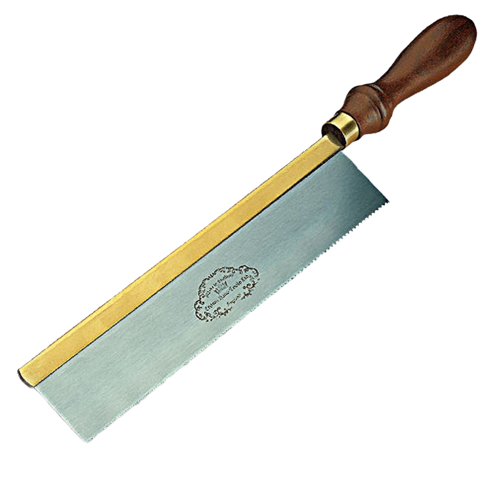 Hand saw with polished brass back and dark wood handle designed for precision woodworking and home improvement tasks