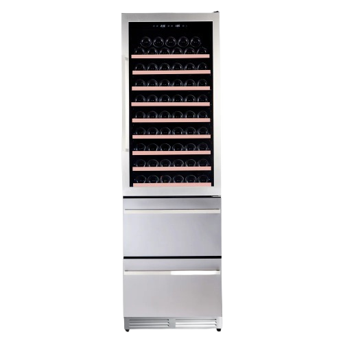 Stainless steel wine cooler with glass door, multiple shelves holding bottles, and two lower storage drawers for appliances collections