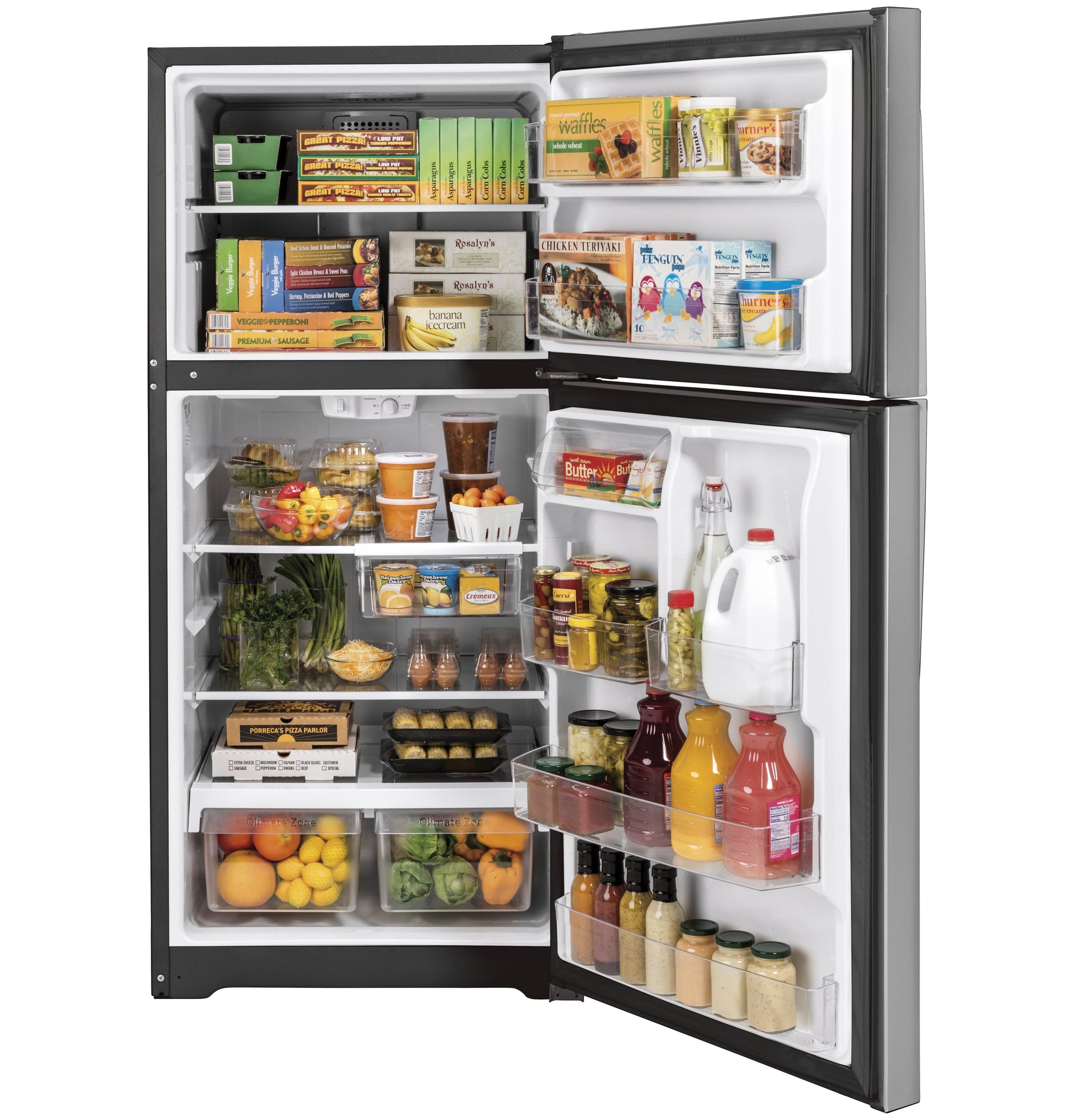 Open garage-ready top freezer refrigerator with stocked shelves in kitchen appliances and refrigerators collection